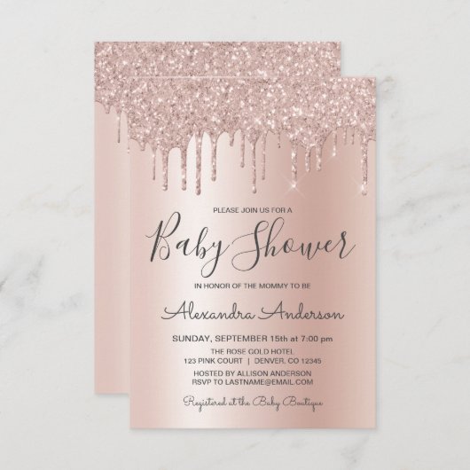 Invitation Or Rose | Baby shower d'huile à Parties scintillan (Devant / Derrière)