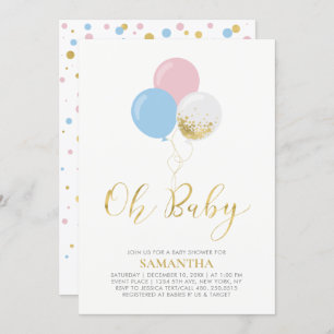 Invitation Or, rose, Ballons Bleus Oh Baby shower bébé