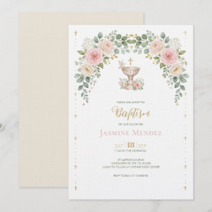 Invitation Or rose beige floral colombe fille baptême