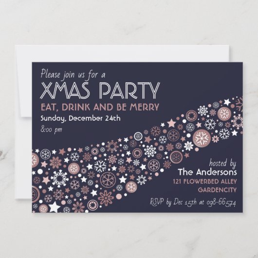 Invitation Or rose blanc bleu Hiver flocon Noël Party (Devant)