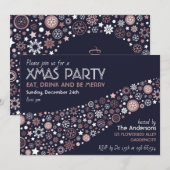 Invitation Or rose blanc bleu Hiver flocon Noël Party (Devant / Derrière)