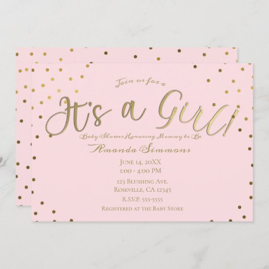 Invitation Or & rose Blush Moderne C'est un Baby shower fille (Devant / Derrière)
