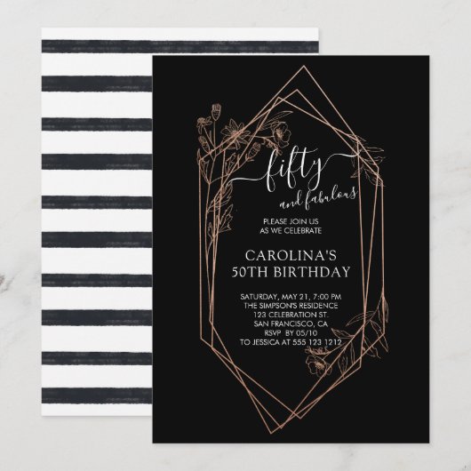 Invitation Or rose cinquante floraux et cinquantième (Devant / Derrière)