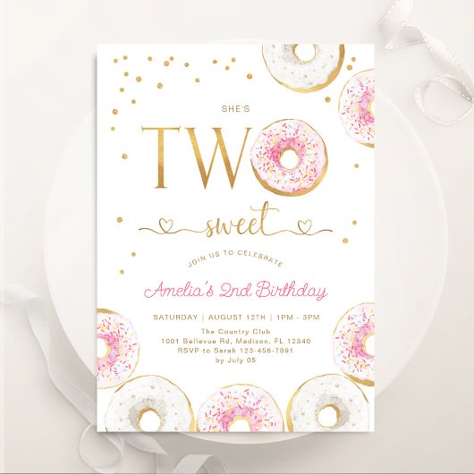 Invitation Or rose Deux Donuts doux 2e anniversaire