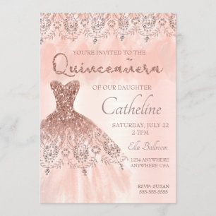 Invitation Or rose d'invitation de Quinceanera, 15ème
