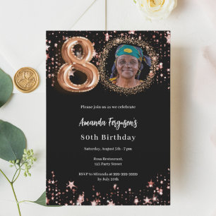 Invitation Or rose doré photo étoiles 80e anniversaire luxe