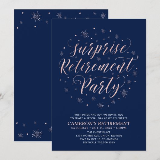 Invitation or rose et bleu marine | Parti de retraite surpris (Devant / Derrière)