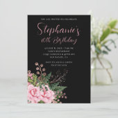Invitation Or rose et Rose Floral 40e anniversaire Noir (Debout devant)