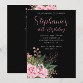 Invitation Or rose et Rose Floral 40e anniversaire Noir (Devant / Derrière)