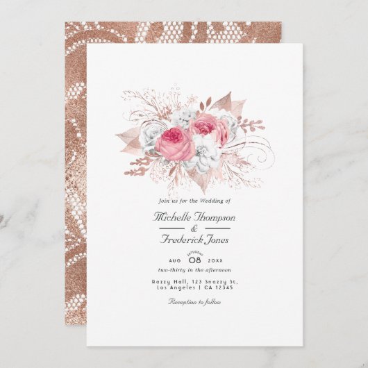 Invitation Or rose et Rose Floral et dentelle QR Code Mariage (Devant / Derrière)