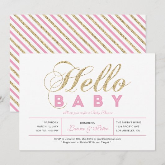 Invitation Or & Rose | Fille, Typographie Moderne pour une Ba (Devant / Derrière)