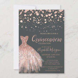 Invitation Or rose gold moderne, Robe grise  Quinceañera