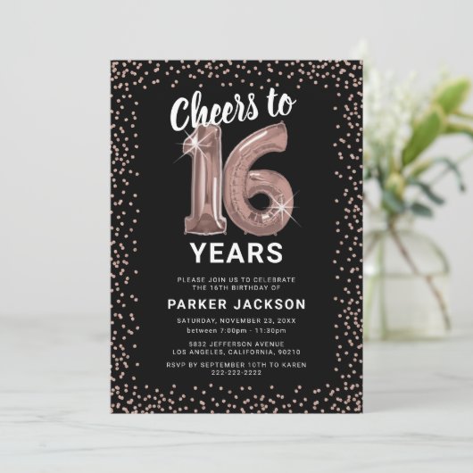 Invitation Or Rose moderne 16e anniversaire (Debout devant)