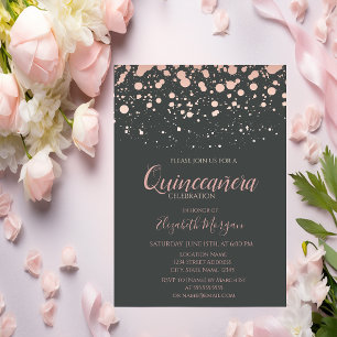 Invitation Or rose moderne Dots, Quinceanera grise
