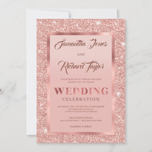 Invitation Or Rose moderne Étincelle feuille parties scintill (Devant)