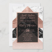 Invitation Or rose moderne noir marbre blanc Sweet 16 (Devant)