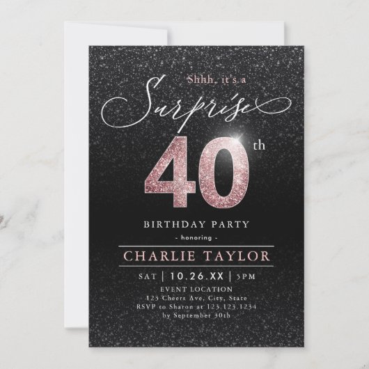Invitation Or rose moderne noir surprise 40e anniversaire (Devant)