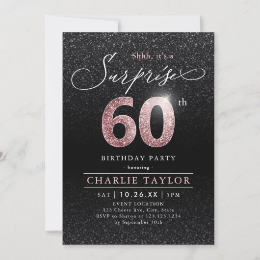 Invitation Or rose moderne noir surprise 60e anniversaire (Devant)