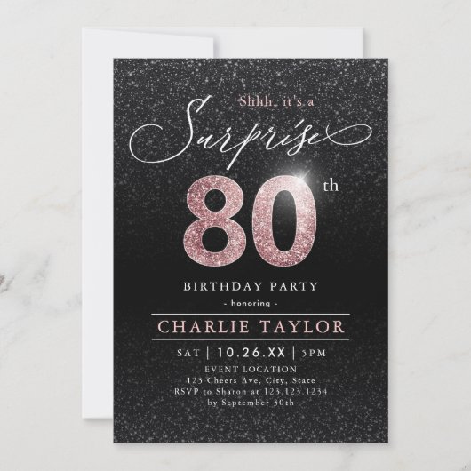 Invitation Or rose moderne noir surprise 80e anniversaire (Devant)