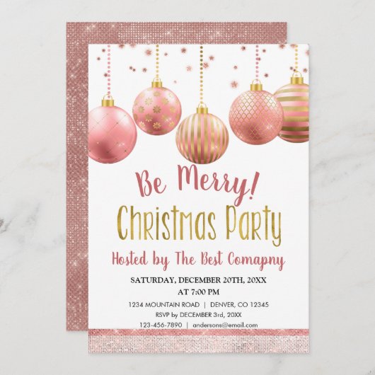 Invitation or rose Noël Fête d'entreprise d'hiver (Devant / Derrière)