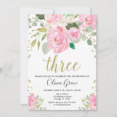 Invitation Or rose pâle 3e anniversaire floral fille annivers (Devant)