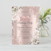 Invitation Or rose, Parties scintillant, Fleurs blanches 100e (Debout devant)