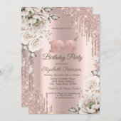Invitation Or rose, Parties scintillant, Fleurs blanches 100e (Devant / Derrière)