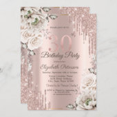 Invitation Or rose, Parties scintillant, Fleurs blanches 30e (Devant / Derrière)