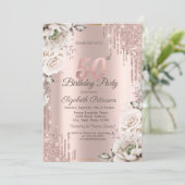 Invitation Or rose, Parties scintillant, Fleurs blanches 50e (Debout devant)