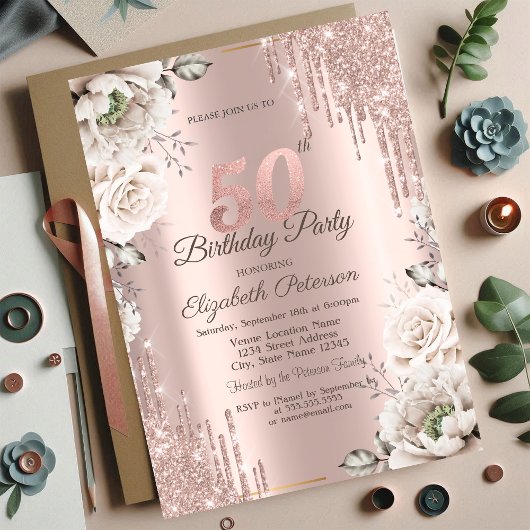Invitation Or rose, Parties scintillant, Fleurs blanches 50e