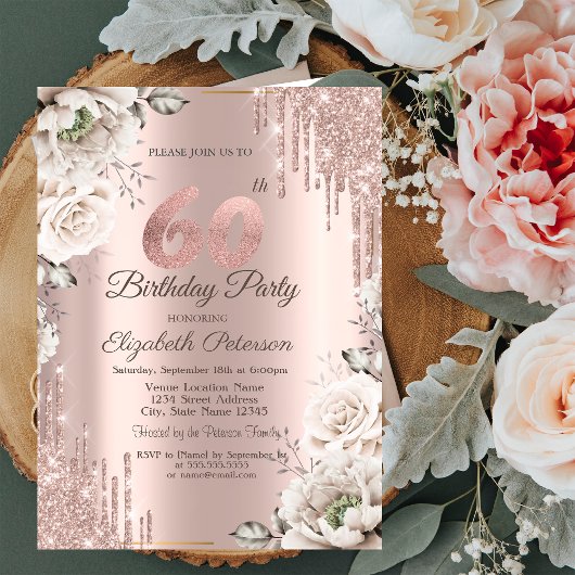 Invitation Or rose, Parties scintillant, Fleurs blanches 60e