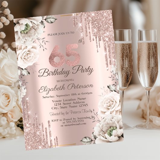 Invitation Or rose, Parties scintillant, Fleurs blanches 65e