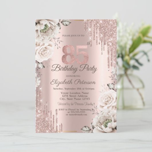 Invitation Or rose, Parties scintillant, Fleurs blanches 85e (Debout devant)