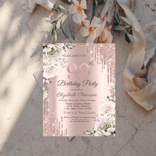 Invitation Or rose, Parties scintillant, Fleurs blanches 90e