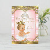 Invitation Or rose perle blanche baptême princesse blonde (Debout devant)