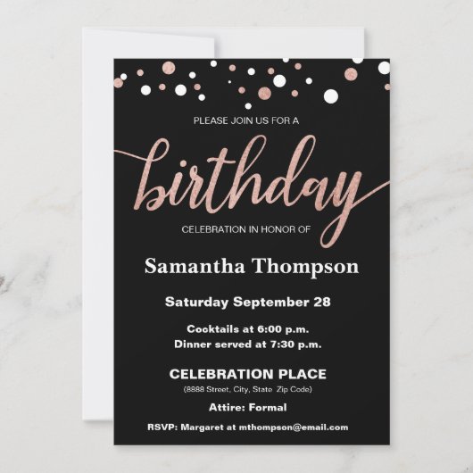 Invitation Or rose, points, manuscrit d'anniversaire sur le (Devant)