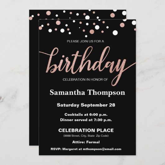 Invitation Or rose, points, manuscrit d'anniversaire sur le (Devant / Derrière)