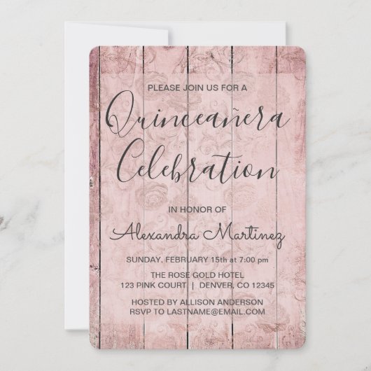 Invitation Or Rose | Quinceanera rustique rose pâle (Devant)