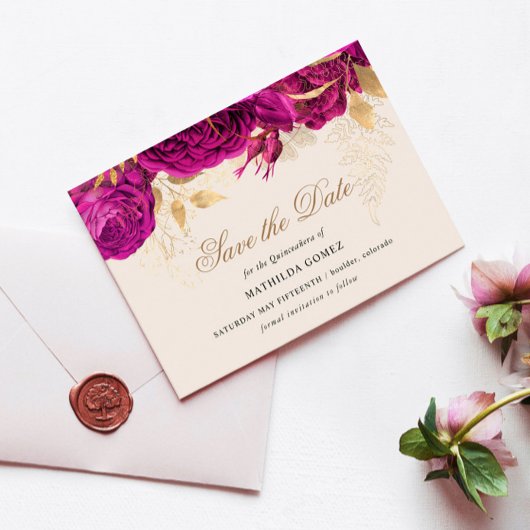 Invitation Or Rose Roses Quinceanera Enregistrer La Date