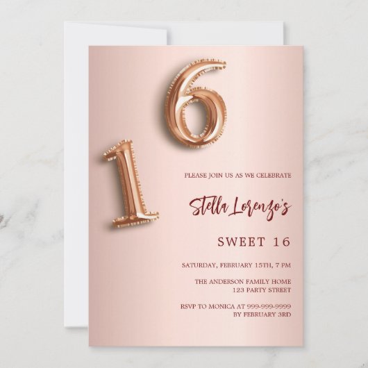 Invitation Or rose Sweet 16 (Devant)