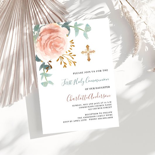 Invitation or rose verdure luxe première communion sainte
