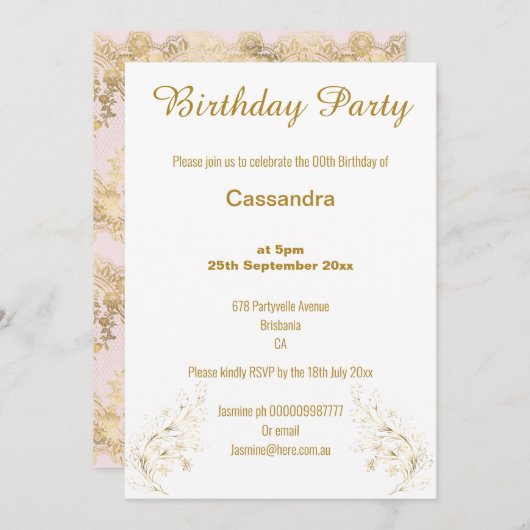 INVITATION OR ROSE VICTORIEN ÉLÉGANT ET BLANC (Devant / Derrière)