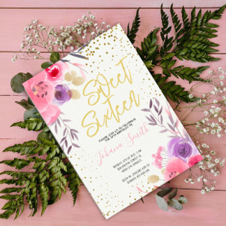 Invitation Or rose violet Sweet sixteen Floral Anniversaire