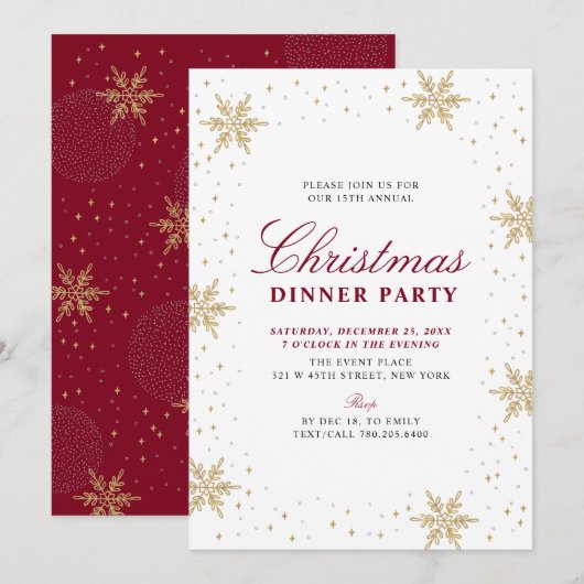 Invitation Or & Rouge | Dîner de Noël Moderne et Chic (Devant / Derrière)