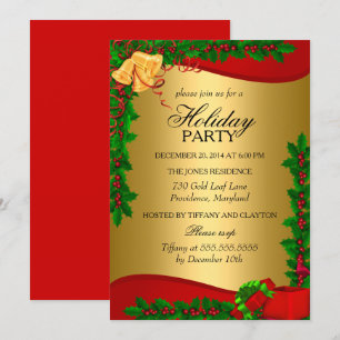 Invitation Or Rouge Vert Feuilles de Houx Bell Noël Fêtes