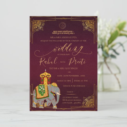 Invitation Or rouge vif avec Lord Ganesh Mariage indien (Debout devant)