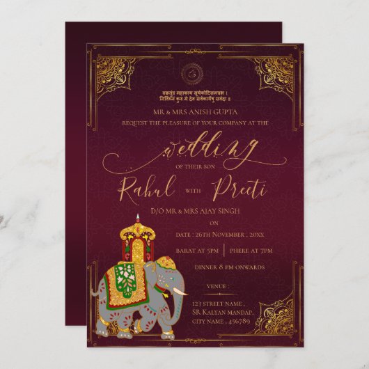 Invitation Or rouge vif avec Lord Ganesh Mariage indien (Devant / Derrière)