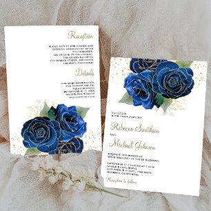 Invitation Or Royal Bleu Floral Combinaison de Mariage