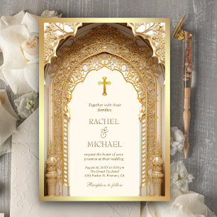 Invitation Or Royal doré Arche Religieux Chrétien Crème Maria