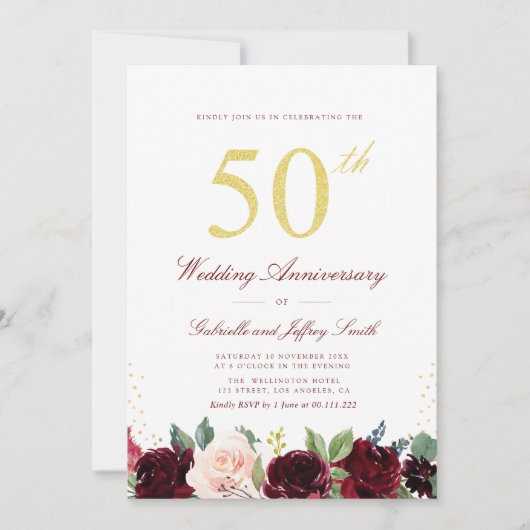 Invitation or script burgundy marine 50e anniversaire mariage (Devant)